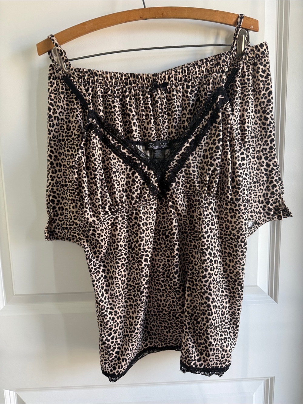Rene Rofe - Leopard Print Lace-Trim Sleep Set - Black & Cream - L NWOT